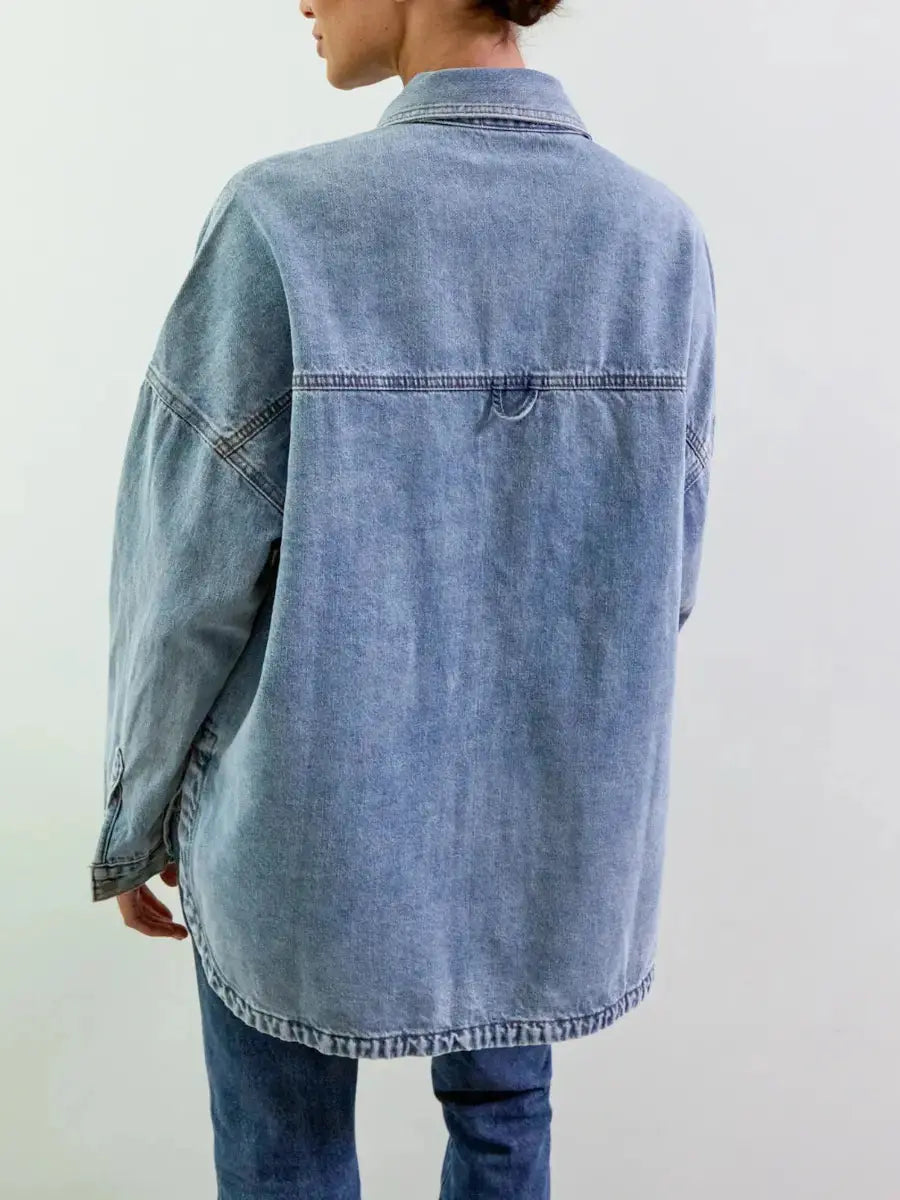 Light Wash Oversized Denim Shirt Jacket | Long Sleeve Button - Down Shacket - laseze