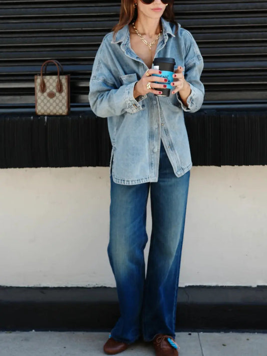 Light Wash Oversized Denim Shirt Jacket | Long Sleeve Button - Down Shacket - laseze