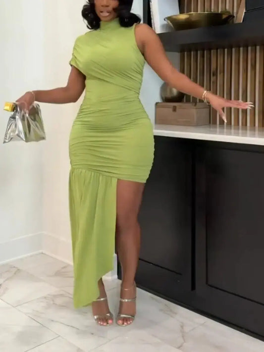 Lime Green Ruched Mock Neck Asymmetrical Maxi Dress - laseze
