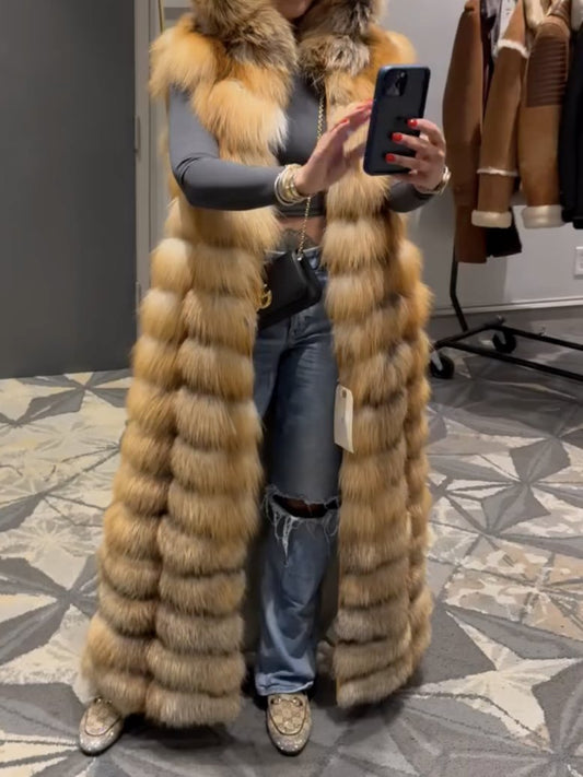 Long Red Fox Fur Vest With Hood fashgoods