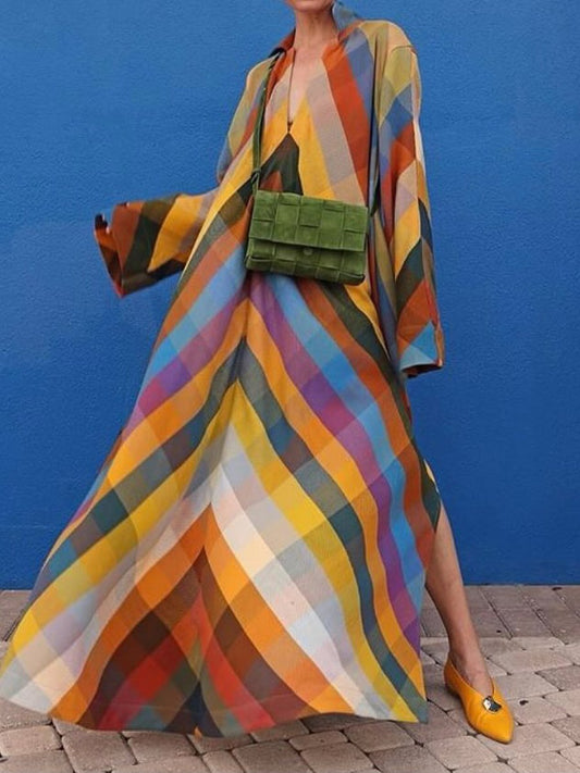 Loose Long Sleeve Color Block Side Split Maxi Dress speciaic