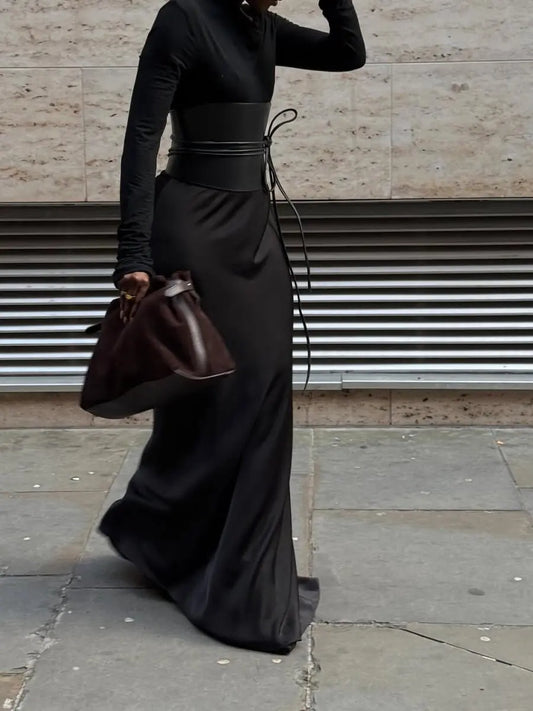 Luxe Black Drape Satin Skirt With Cinch Waist laseze