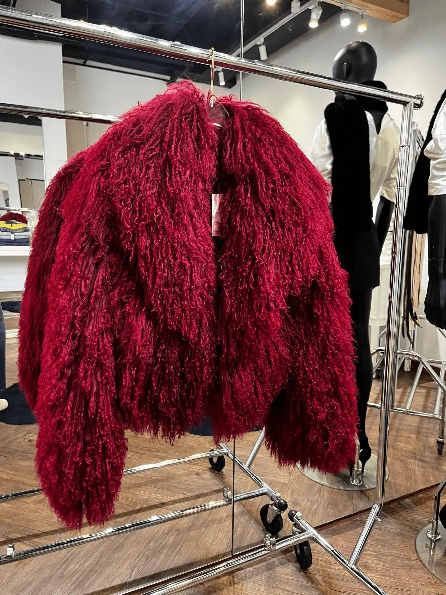 Luxury Burgundy Oversized Faux Fur Cape-Style Coat laseze