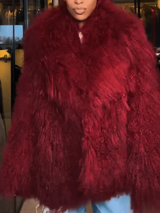 Luxury Burgundy Oversized Faux Fur Cape-Style Coat laseze