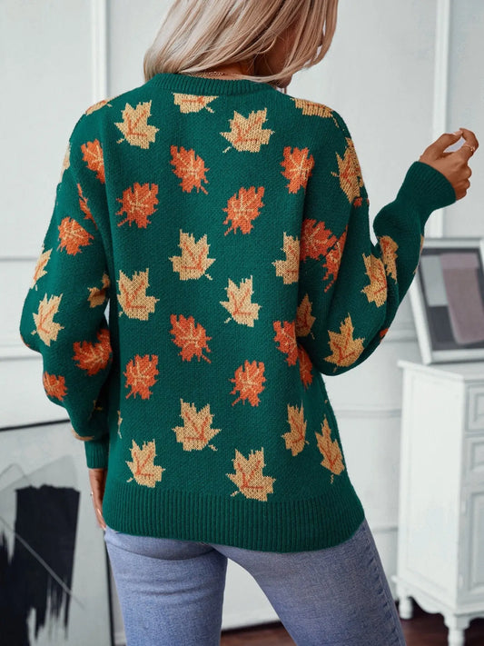 Maple Leaf Pattern Casual Knit Sweater speciaic