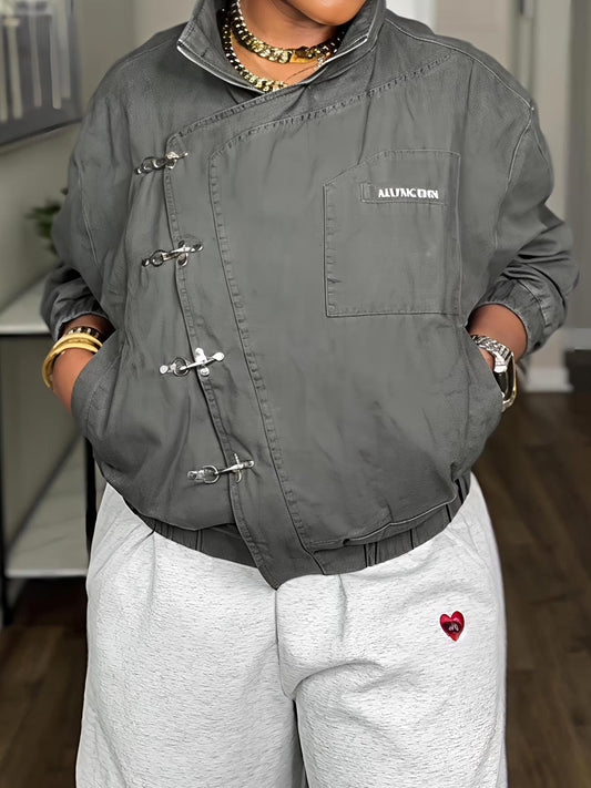 Metal Button Collared Slant Placket Soft Warm Coat laseze