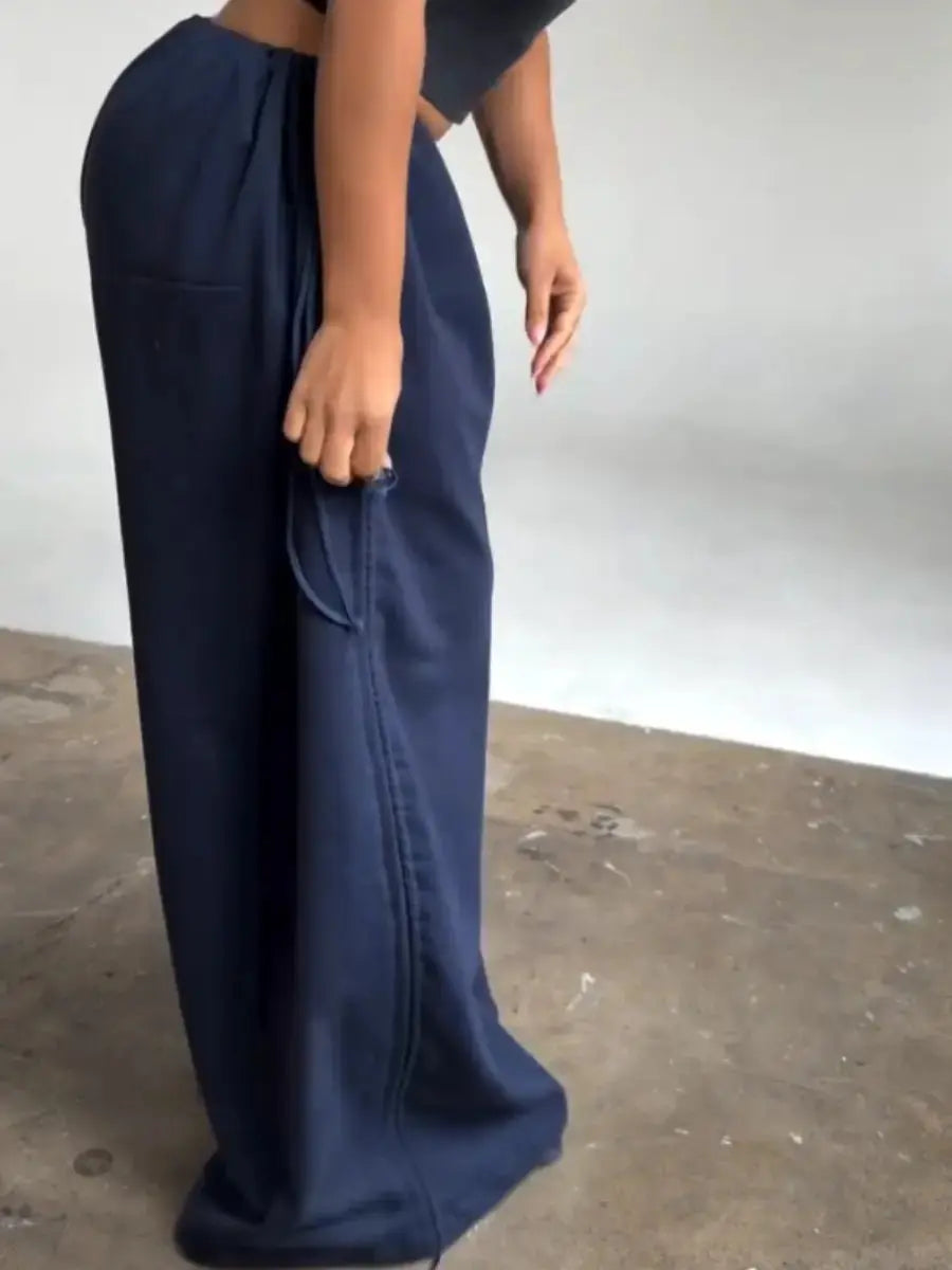 Navy Adjustable Ruched Wide - Leg Lounge Pants - laseze