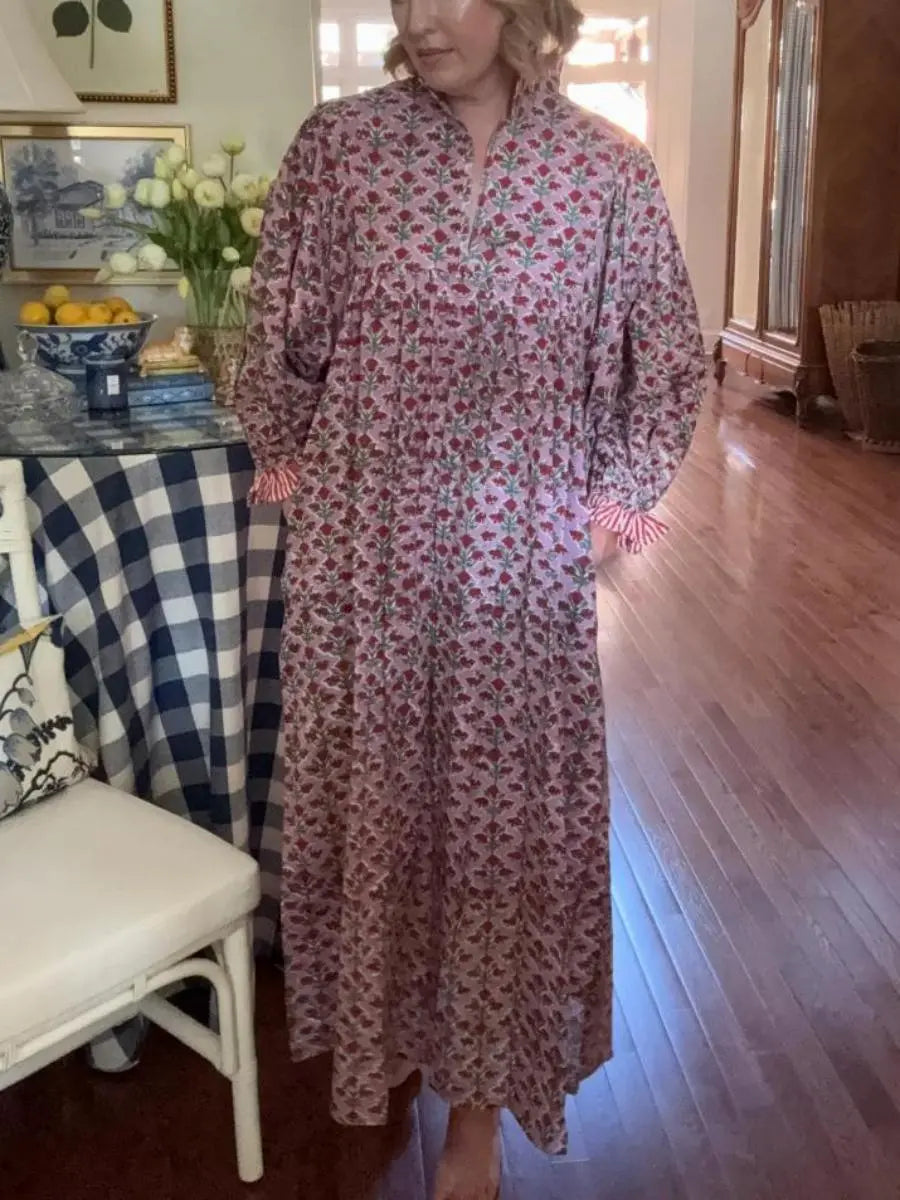 Newest Cotton Block Print Maxi Dress chicsfit