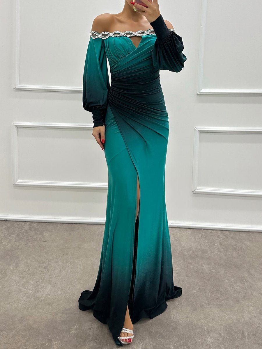 Off Shoulder Rhinestone Sparkle Long Sleeve Party Dress speciaic