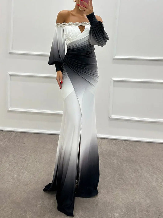 Off Shoulder Rhinestone Sparkle Long Sleeve Party Dress speciaic