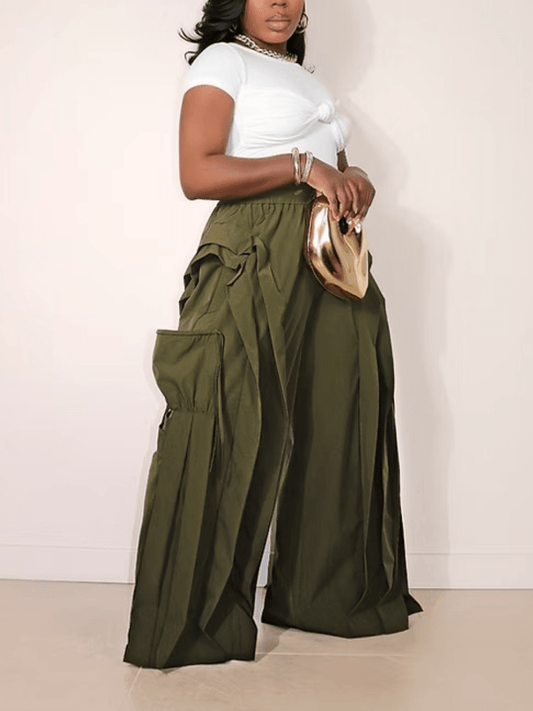 Olive Ruffle Cargo Wide-Leg Pants laseze