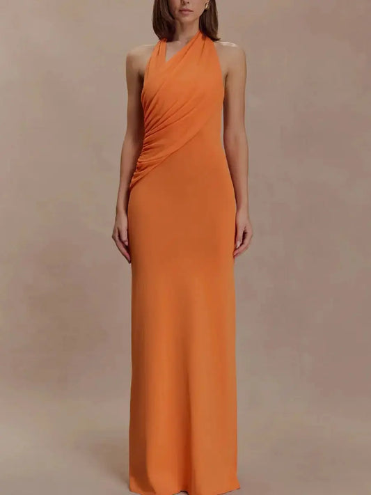 Orange Draped Halter Neck Backless Maxi Dress | Elegant Evening Gown - laseze