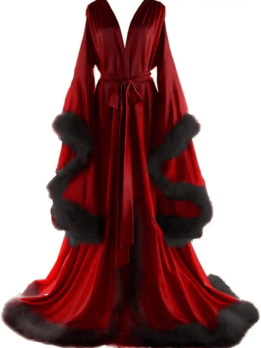 Oversized Bell-Sleeve Burgundy Robe (Black Fur Detailing) laseze