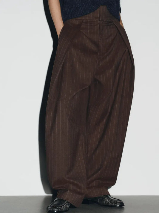 Oversized High - Waist Brown Pinstripe Wide - Leg Tailored Trousers - laseze