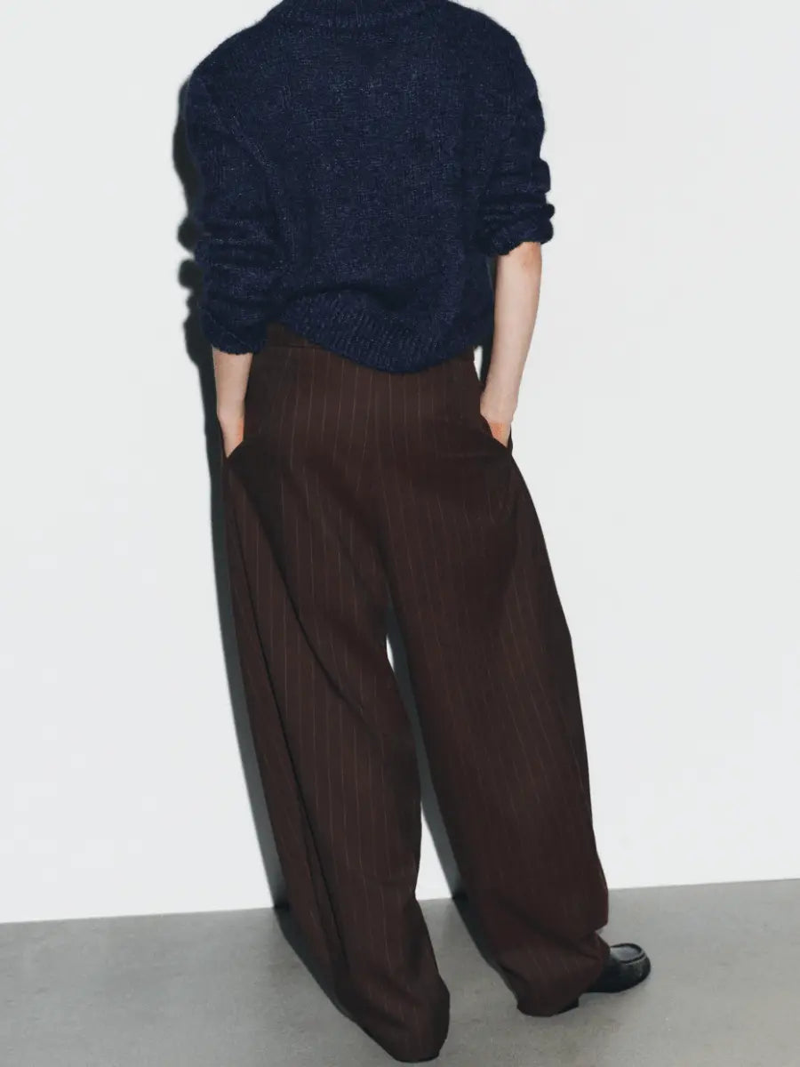 Oversized High - Waist Brown Pinstripe Wide - Leg Tailored Trousers - laseze