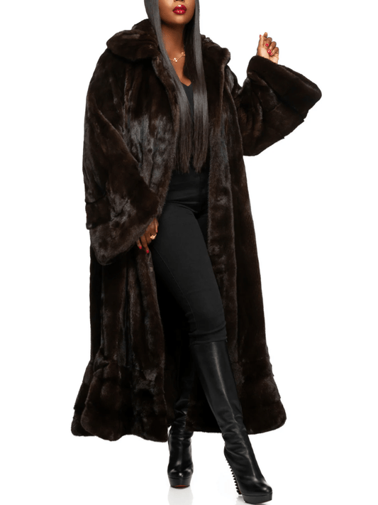 Oversized Longline Dark Brown Faux Fur Full-Length Coat laseze