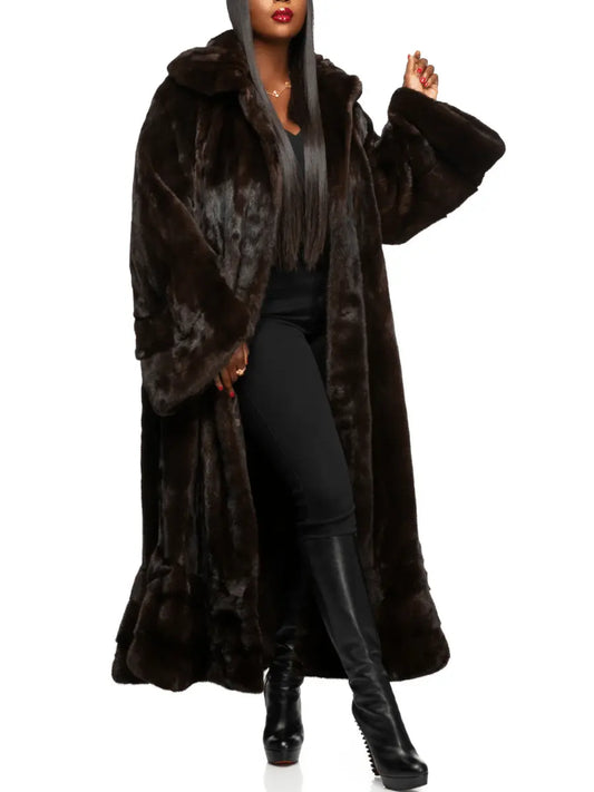 Oversized Longline Dark Brown Faux Fur Full-Length Coat laseze
