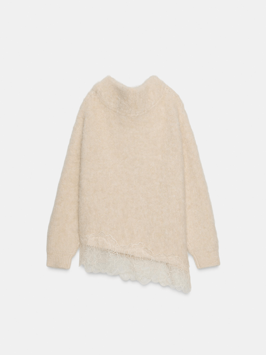 Oversized Off-the-Shoulder Mohair Knit Jumper With Lace Hem laseze