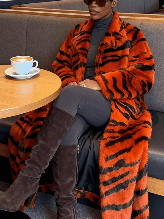Oversized Tiger-Print Faux Fur Maxi Coat laseze