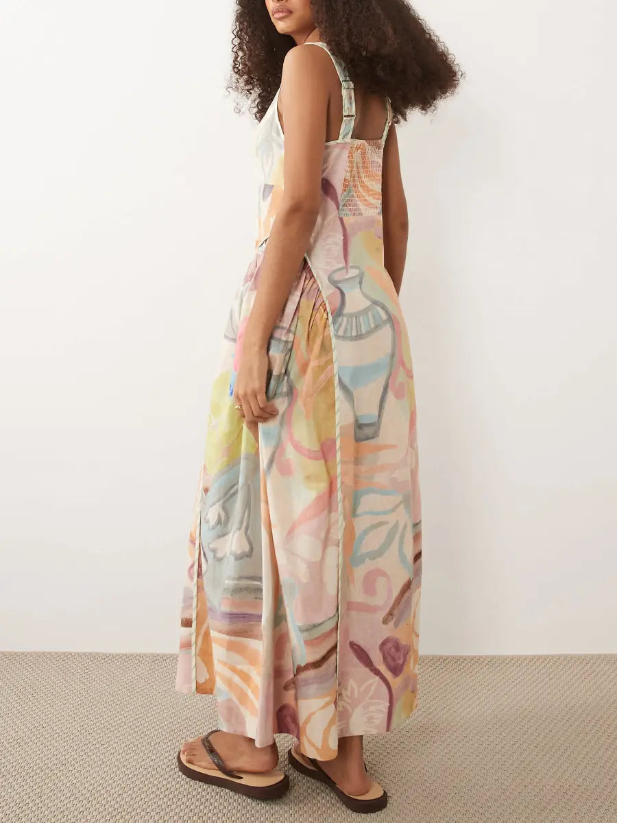 Pastel Watercolor Abstract Print Square Neck Linen Blend Maxi Dress - laseze