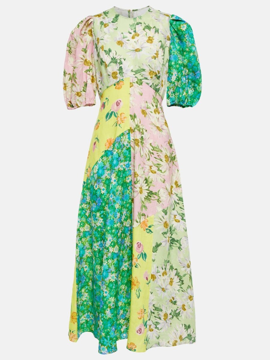 Patchwork Floral Printed Linen Midi Dress - laseze