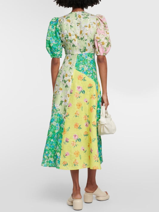 Patchwork Floral Printed Linen Midi Dress - laseze