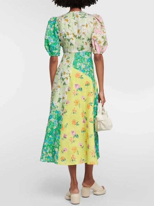 Patchwork Floral Printed Linen Midi Dress speciaic