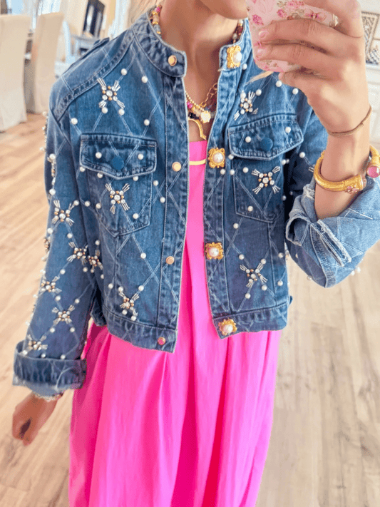 Pearl And Rhinestone Embellished Denim Jacket - laseze