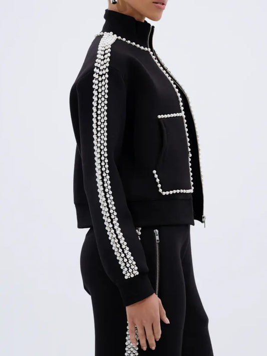 Pearl-Embellished Zip-Up Sweatshirt laseze