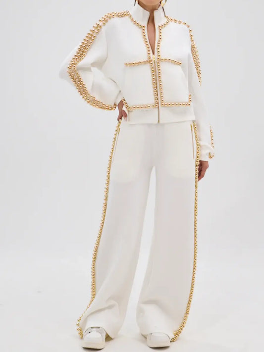 Pearl & Gold Embellished Tracksuit Sets laseze
