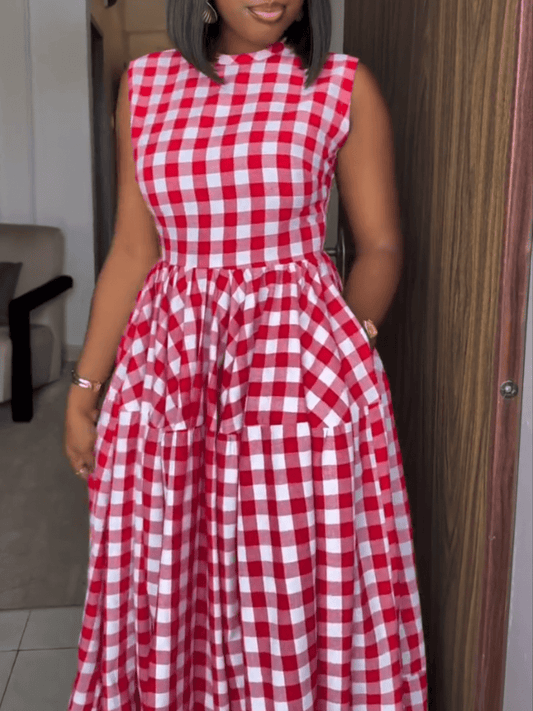 Picnic Perfect | Red Gingham Sleeveless Tiered Maxi Dress - laseze