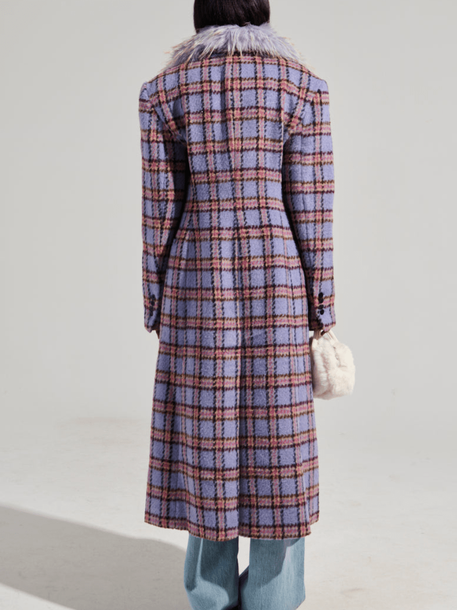 Plaid Plush Collar Long Coat - laseze