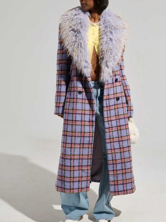 Plaid Plush Collar Long Coat speciaic