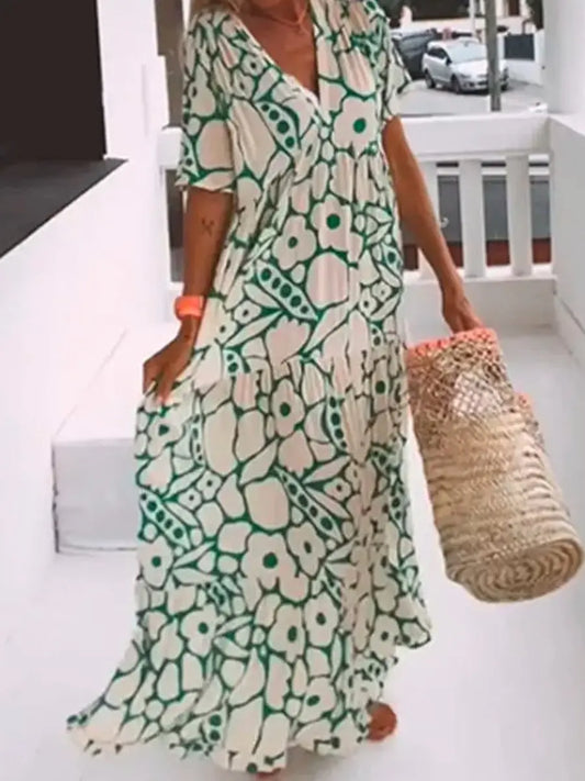 Printed Short-Sleeve V-Neck Dress speciaic