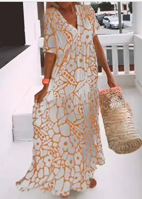 Printed Short-Sleeve V-Neck Dress speciaic