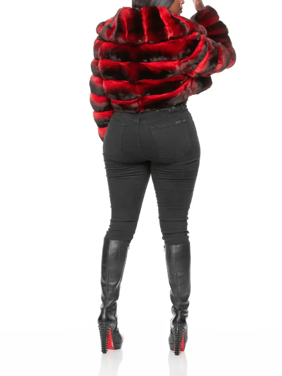 Red-Brown Gradient Patchwork Faux Fur Cropped Coat lavetri