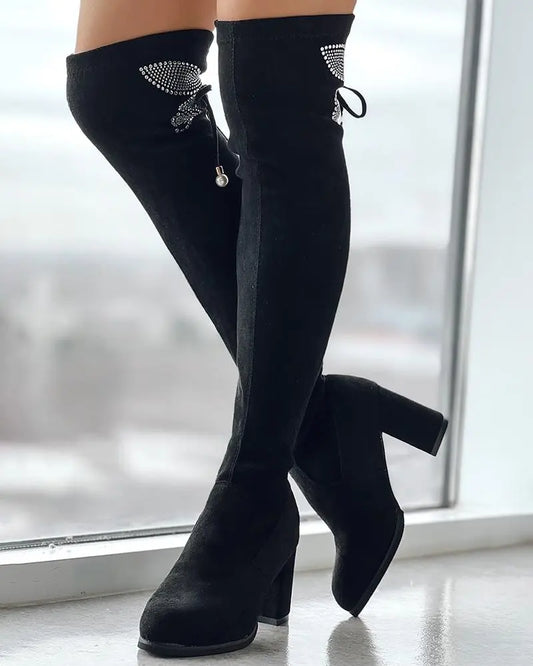 Rhinestone Butterfly Pattern Bow Thick Heel Boots haichic
