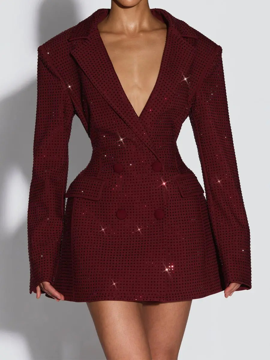 Rhinestone Sparkle Double Breasted Blazer Dress laseze