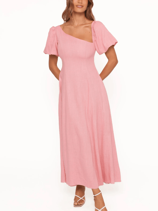 Romantic Blush | Asymmetrical Flutter Sleeve Midi Dress - laseze