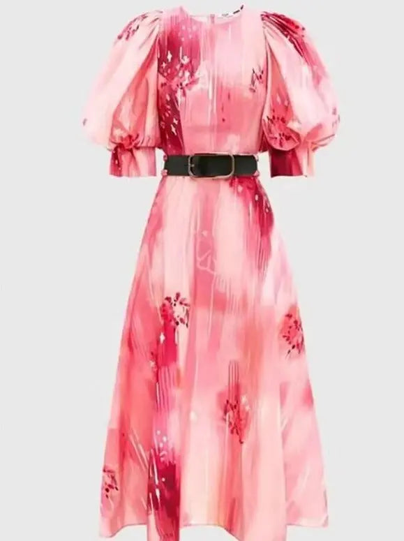 Round Neck Bubble Sleeve Pink Print Dress speciaic