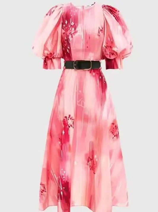Round Neck Bubble Sleeve Pink Print Dress speciaic
