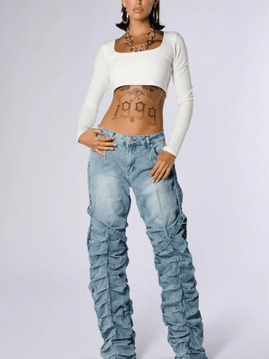 Ruffled Buckle-Accent Distressed Denim Pants laseze