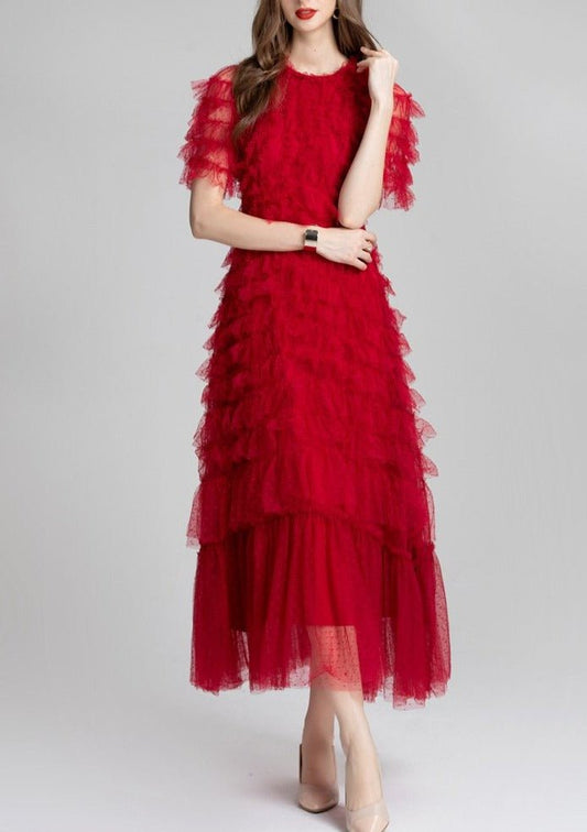 Ruffled Tulle Gown In Red - laseze