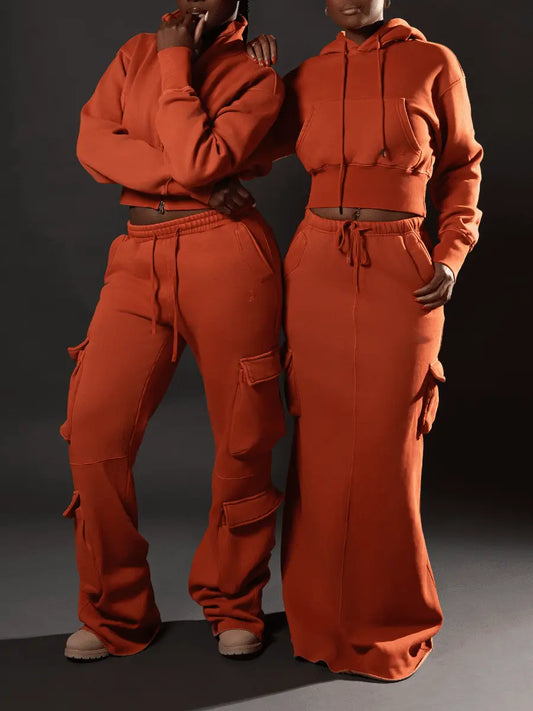Rust Orange Cropped Hoodie & Maxi Cargo Skirt Set - laseze