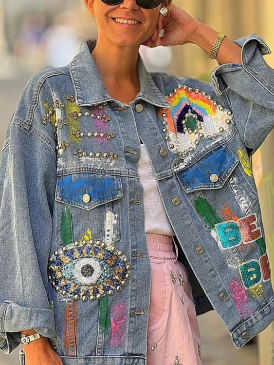 Sequin Embroidered Studded Denim Jacket - laseze