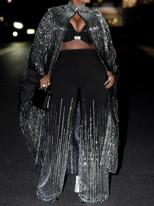 Sequined Sparkle Shine Blouse & Rhinestones Pants Sets laseze