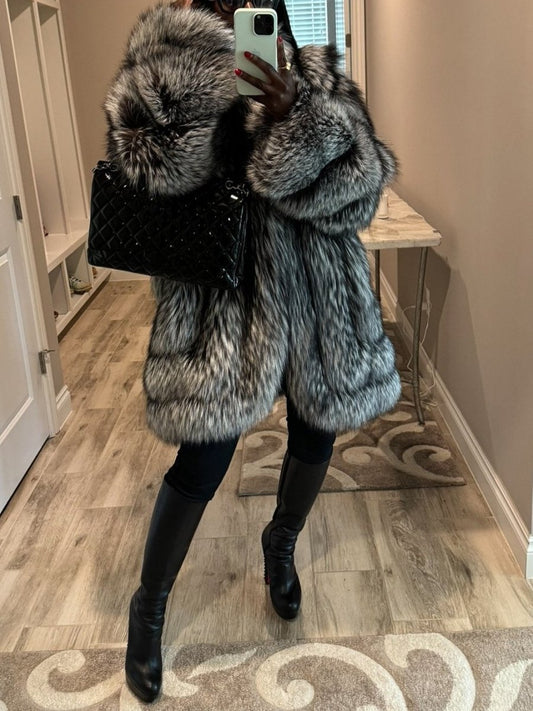 Silver Fox Fur Coat fashgoods
