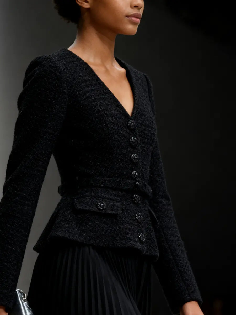 Sleek Black Waist-Cinched Tweed Jacket laseze