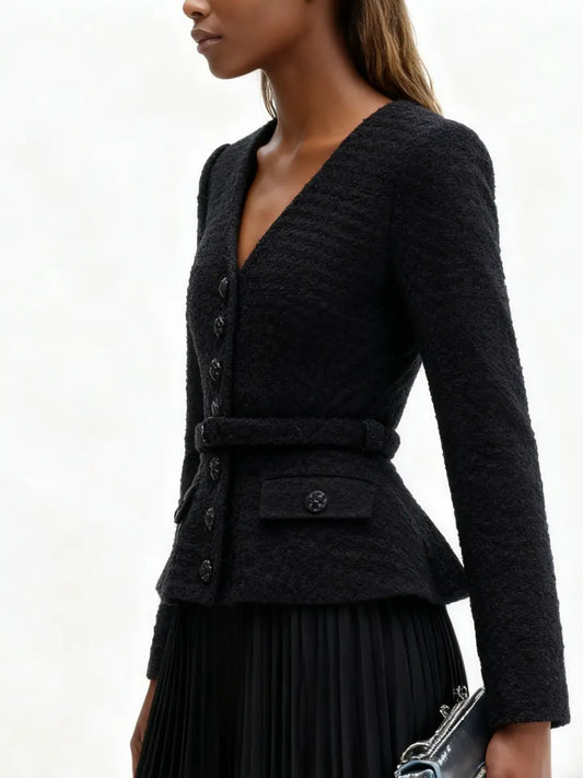Sleek Black Waist-Cinched Tweed Jacket laseze