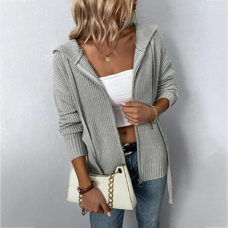 Solid Color Hooded Knit Cardigan speciaic